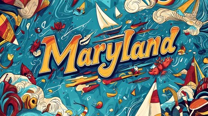 Vibrant illustration of Maryland with nautical elements like sailboats, crabs, and waves, featuring bold "Maryland" text in a whimsical style. AI generative.
