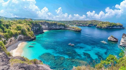 Obraz premium A panoramic view of a tropical bay with clear turquoise water, a white sand beach, and boats anchored in the bay.