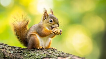 Fototapeta premium Cute Squirrel Eating a Nut in a Tree
