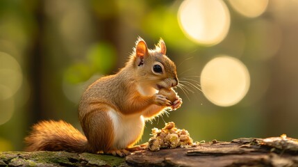 Obraz premium Cute Red Squirrel Eating Nut in Golden Sunlight