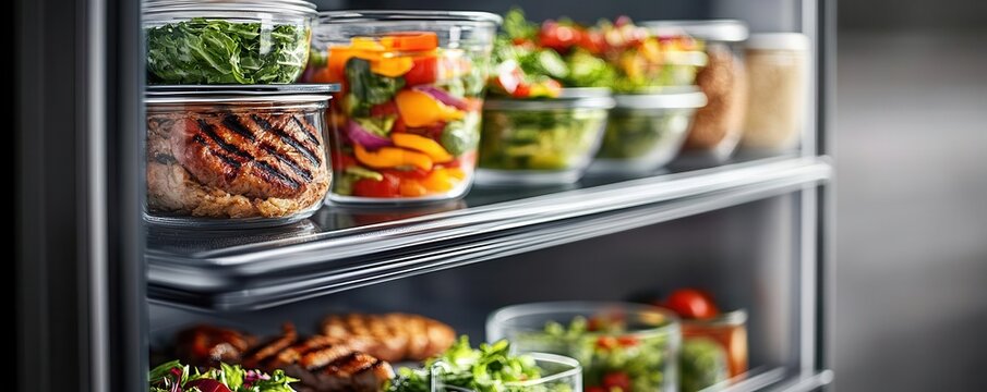 A well-organized refrigerator filled with colorful meal prep containers and fresh salads, promoting healthy eating habits.