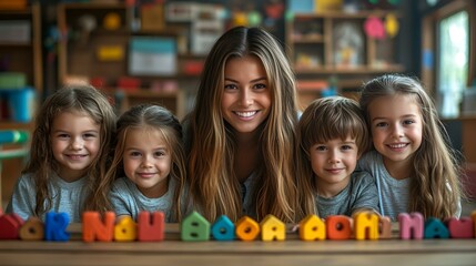 Obraz premium a group of children and a person with blocks