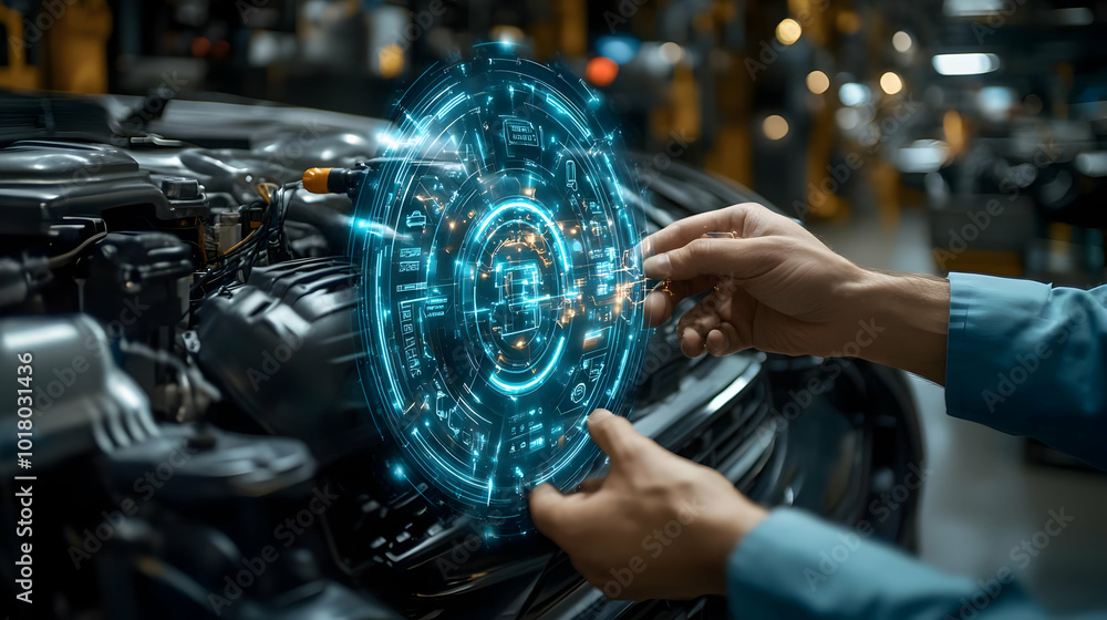 Poster hands interacting with a digital interface above a car engine.