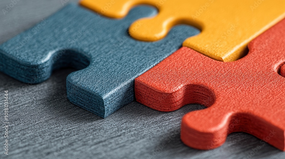 Poster colorful puzzle pieces interlocked on a textured surface, symbolizing problem-solving and collaborat
