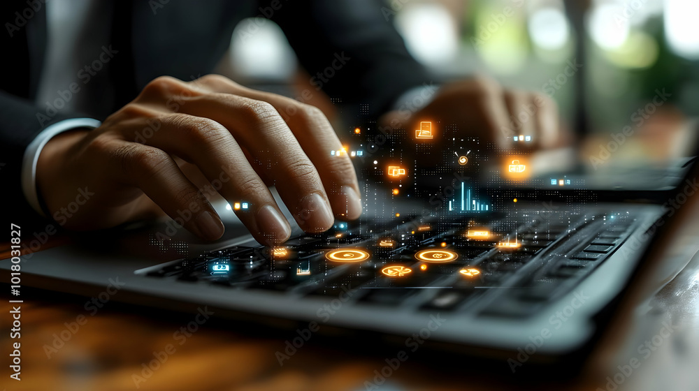 Poster hands typing on a laptop with digital icons representing data.