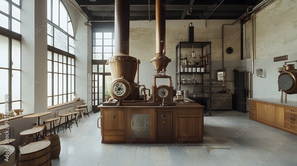 Poster a large industrial building with a lot of windows and a large boiler. the room is empty and the wind