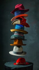 A tower of hats in various colors stands on a black pedestal, with red hats on top and bottom. Colorful display against a dark background.