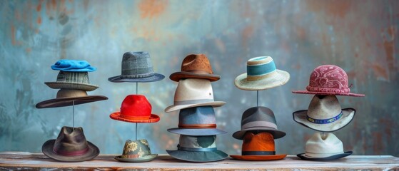 An array of colorful hats of various styles for men and women, elegantly displayed on a wooden table against a blue-grey backdrop, highlighting cultural diversity through fashion.