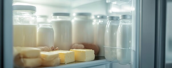 A well-organized refrigerator showcasing various dairy products including milk and butter in clear containers.