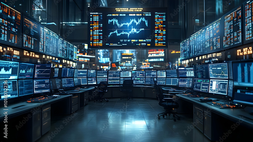 Wall mural High-tech trading floor with multiple screens displaying data.