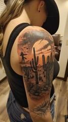 Obraz premium A desert-themed tattoo on a woman's arm showcases a saguaro cactus, mountains, and a lone figure, evoking a Wild West narrative with a color palette reflecting the desert's beauty.