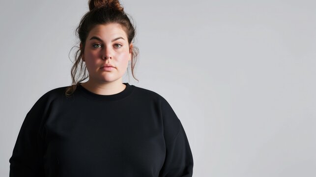 Sad young woman in a black sweater on a gray background