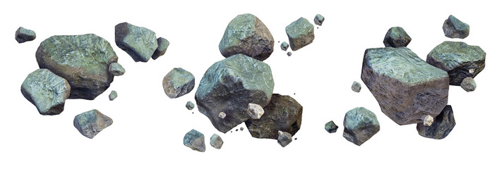 3D space falling meteorite, galaxy realistic stone render, flying asteroid explosion grey rocks. Geology nature debris design elements, cosmic comet fragment, big mineral. Space meteorite surface set © Oleksandra