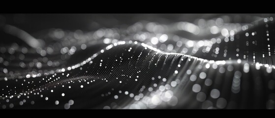 Abstract silver particle background with wave-like pattern, luminous points, and highlights creating a 3D effect. Resembles a white curtain waving in the dark with a smooth bokeh effect.