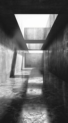 A spacious, minimalistic room with concrete walls, ceiling, and floor. Sunlight creates shadows, adding serenity to the stark, monochromatic environment.