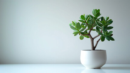 Indoor plant in a white pot on a white wall background