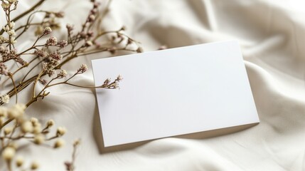 Blank card with dry flowers on white fabric background