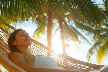 A woman relaxing in a hammock under palm trees, enjoying the warm sunlight and peaceful ambiance of a tropical paradise.
