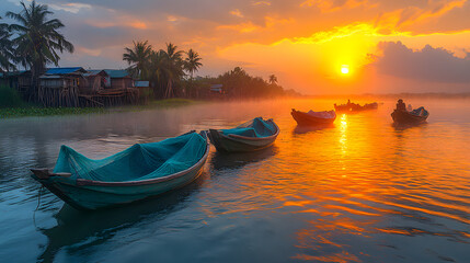 Fishing in a Cambodian Village at Dawn
