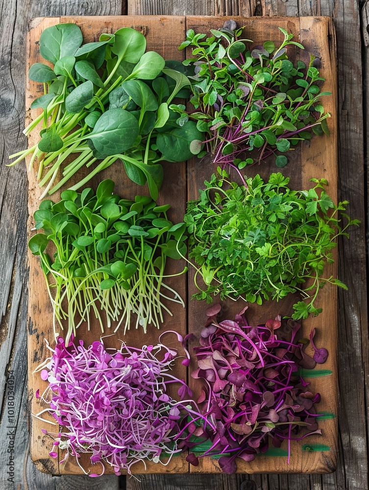 Poster a colorful assortment of microgreens is neatly displayed on a wooden board, highlighting their fresh