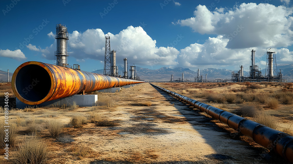 Wall mural Industrial landscape featuring large pipes and machinery in a desert.