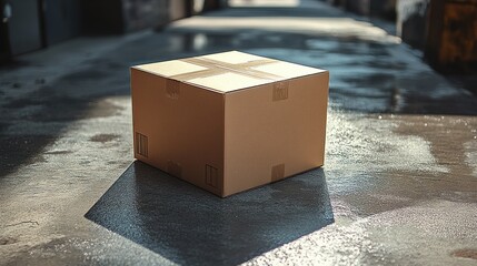 A cardboard box sits on a wet surface, illuminated by sunlight.