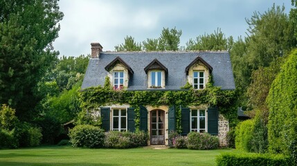 A picturesque European cottage surrounded by greenery, no people. Ample copy space in the foreground.