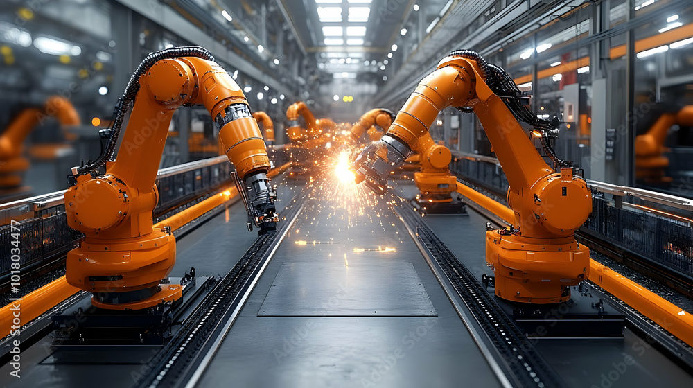 Poster industrial robots working in a factory, creating sparks during assembly.