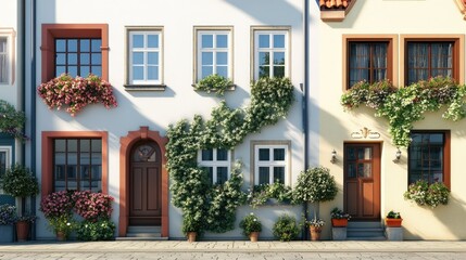 Fototapeta premium A picturesque European townhouse with elegant windows, no people. Space for text in the surroundings.