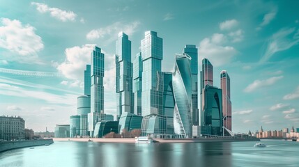 Naklejka premium Modern City Skyline with Skyscrapers under a Cloudy Sky