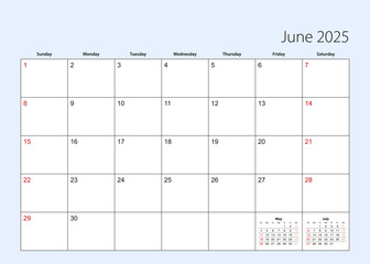 Wall calendar planner for June 2025. English language, week starts from Sunday.