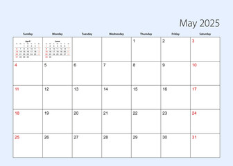 Wall calendar planner for May 2025. English language, week starts from Sunday.