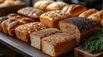 A variety of freshly baked bread loaves on a wooden table.