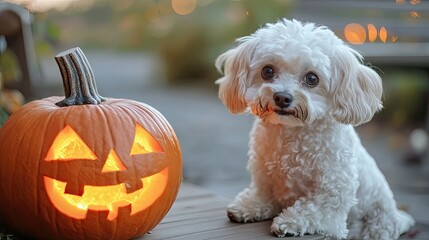 Adorable dog sitting next to a carved Jack O' Lantern, perfect for Halloween designs, with room for copy.