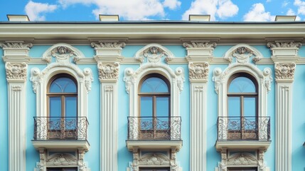 Fototapeta premium Baroque-style European building with beautiful windows, no people. Copy space available in the sky.