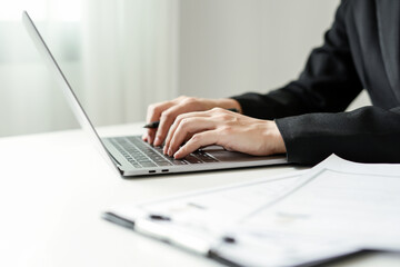 Business woman employer holding resume hiring recruit looking cv resume to hire candidates,...