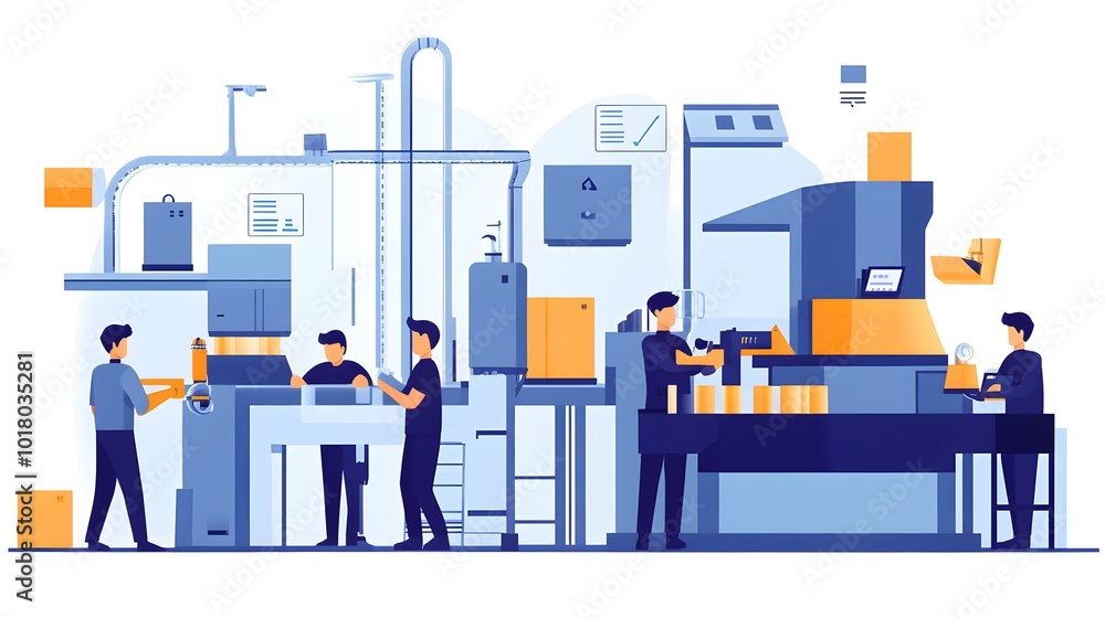 Poster a group of men are working in a factory. the factory is filled with machinery and boxes. the men are