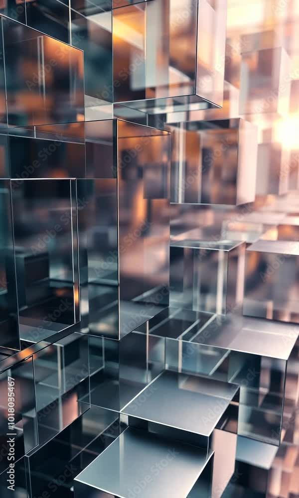Poster Abstract composition of reflective glass cubes and layers, creating a modern and dynamic visual experience. Contemporary art and design elements captured in a striking geometric arrangement.