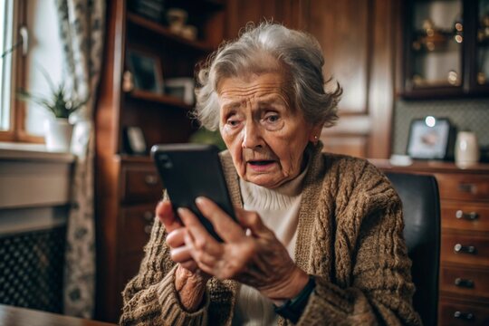 Fraud and deception. A shocked, worried elderly woman looking at her smartphone with unpleasant surprise, experiencing stress, financial problems, money theft.