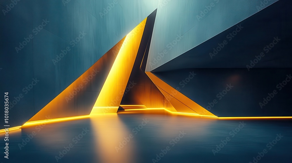 Poster abstract composition featuring geometric shapes with glowing orange lines, creating a futuristic and