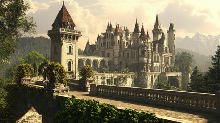 Beautiful European castle with intricate architecture, no people. Ample copy space in the foreground.