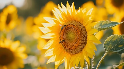 Fototapeta premium Close-up of sunflower head with bees pollinating. Bee collecting nectar from a yellow sunflower