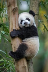 Obraz premium A playful panda cub clings to a tree, surrounded by bamboo foliage.