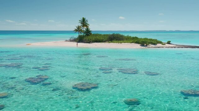 Aerial drone view of a small desert island with palm trees surrounded by crystal clear turquoise water. The perfect image for a tropical vacation getaway