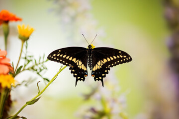 Fototapeta premium Male Eastern Black Swallowtail feeding on a flower with a bokeh background