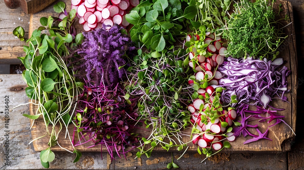 Poster a variety of microgreens, including purple and green sprouts, are artfully arranged on a rustic wood