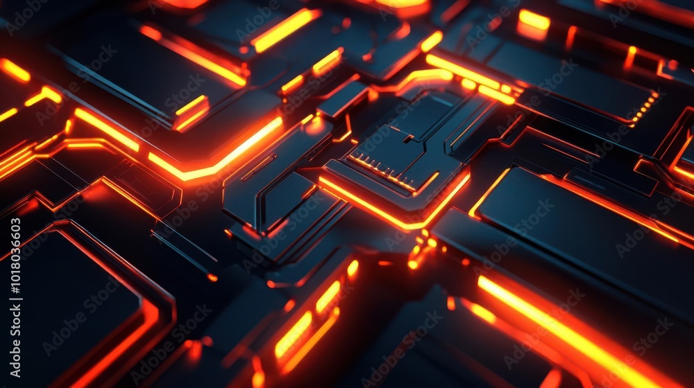 Poster abstract digital background with glowing orange circuitry on a dark surface, perfect for technology 