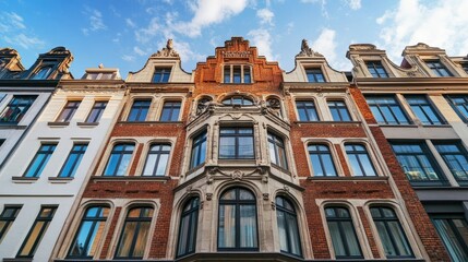 Fototapeta premium Beautiful European townhouse with ornate design, no people. Open copy space above the roofline.