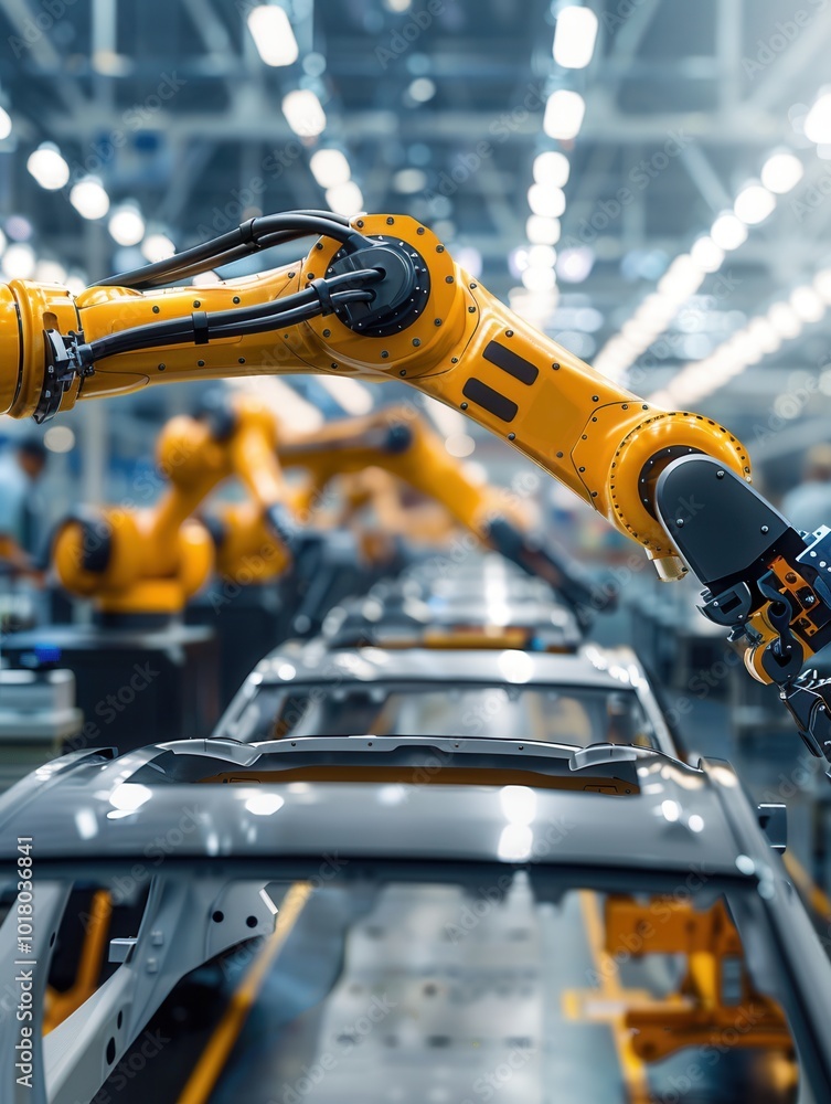 Poster Robotic arms efficiently assemble car components on the production line, showcasing advanced automation technology in action. Generative AI