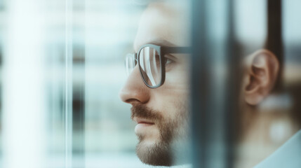 A thoughtful man gazes through glass window, reflecting on his surroundings with contemplative expression. His glasses add touch of sophistication to his focused demeanor